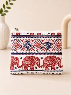 Thai Elephant Print Canvas Coin Pouch Zipper Wallet Handmade Red Navy